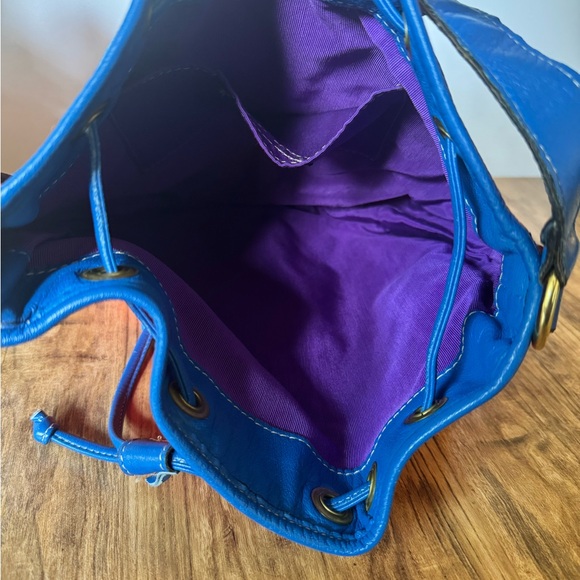 Vintage Neal Decker Blue Leather Red Canvas Purse Like New! - Picture 5 of 6